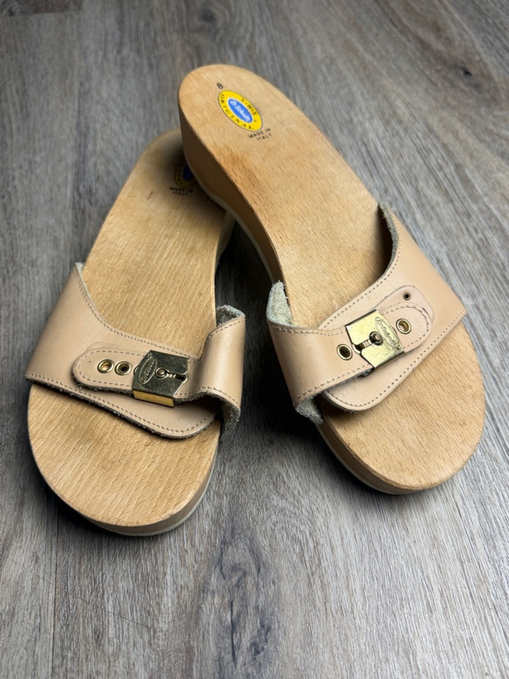 Vintage Dr. Scholl’s Pescura Wooden Sandals Made in Italy Leather Slides Size 8